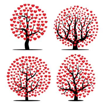Set of four trees with red hearts Stock Illustration