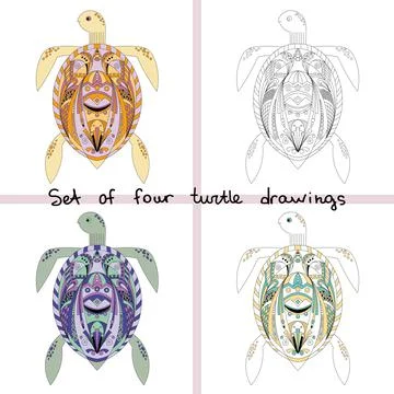 Set of four turtle zentangle style. color stylized cat, ornament. coloring bo Stock Illustration