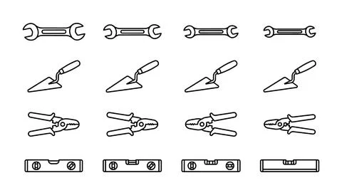 Set of four types of wrenches, pliers, screwdrivers, and bolts in flat line.. 스톡 일러스트