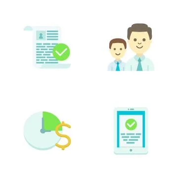 Set of four universal flat icons. Illustrations of blank checking, team work Stock Illustration