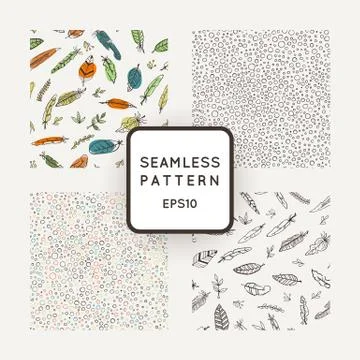 Set of four vector abstract seamless patterns made of feathers hand-painted Stock Illustration