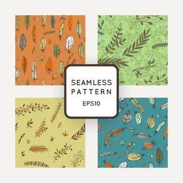 Set of four vector abstract seamless patterns feather and leaf painted by han Stock Illustration