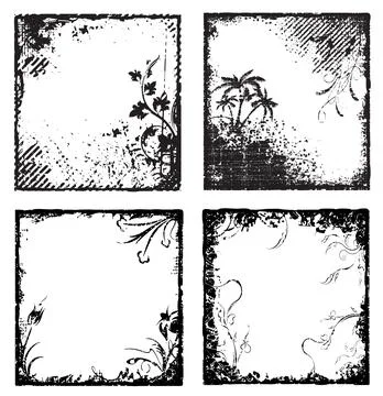 Set of four vector black floral frames in grunge style. Stock Illustration