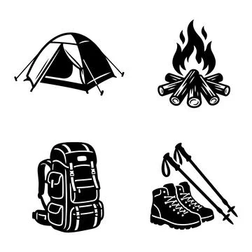 Set of Four Vector Icons Featuring Camping Gear and Outdoor Activities Equi.. 스톡 일러스트