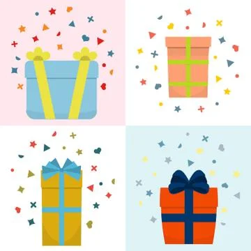 Set of four vector illustration with beautiful cardboards and paper gift boxes Stock Illustration