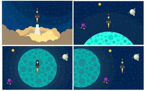 Set of four vector illustration with flying rocket Stock Illustration