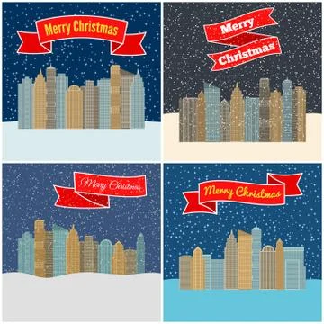 Set of four vector illustration with night city Stock Illustration
