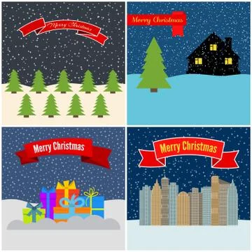 Set of four vector illustration with night forest, lonely houses Stock Illustration