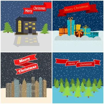 Set of four vector illustration with night forest, lonely houses, gift boxes Illustrazione stock
