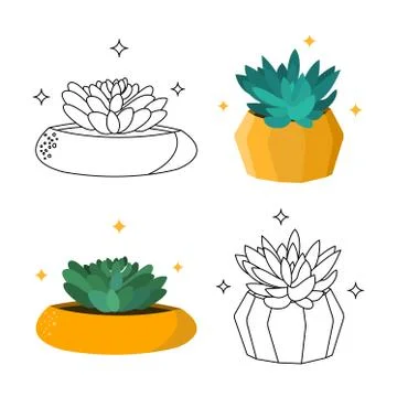 Set of four vector illustrations of cacti in cartoon style. Stock Illustration