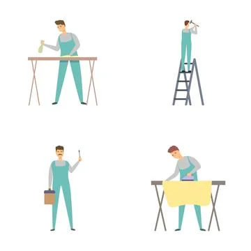 Set of four vector illustrations depicting handymen performing different tasks 스톡 일러스트