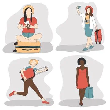 A set of four vector illustrations with girls without a face with a suitcase, Stock Illustration