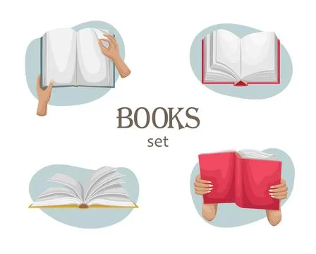 A set of four vector illustrations with an open book. A man holds a book in h Illustrazione stock