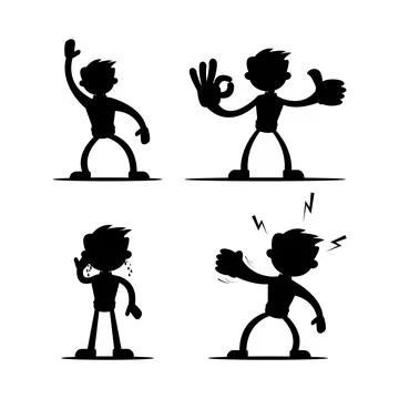 Set of four vector illustrations of silhouettes of boy cartoon character in.. Illustrazione stock