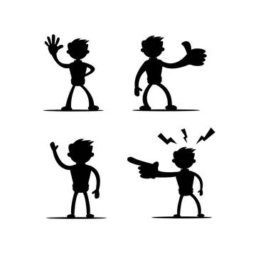 Set of four vector illustrations of silhouettes of boy cartoon character in.. Stock Illustration