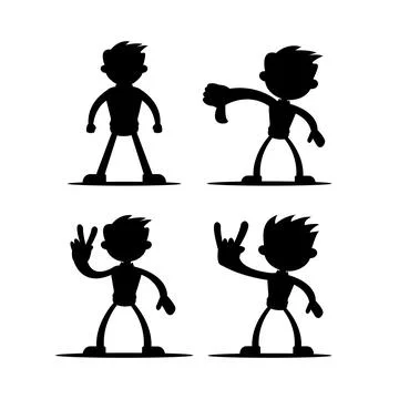 Set of four vector illustrations of silhouettes of boy cartoon character in.. Stock Illustration