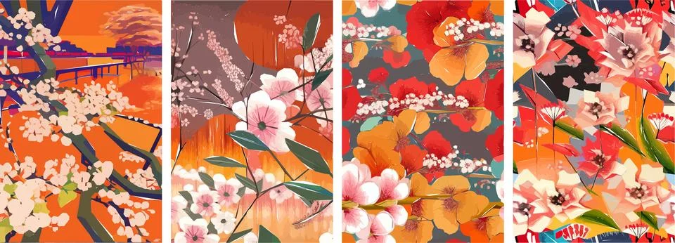 Set of four vector illustrations of traditional Japanese landscape, archite.. Stock Illustration