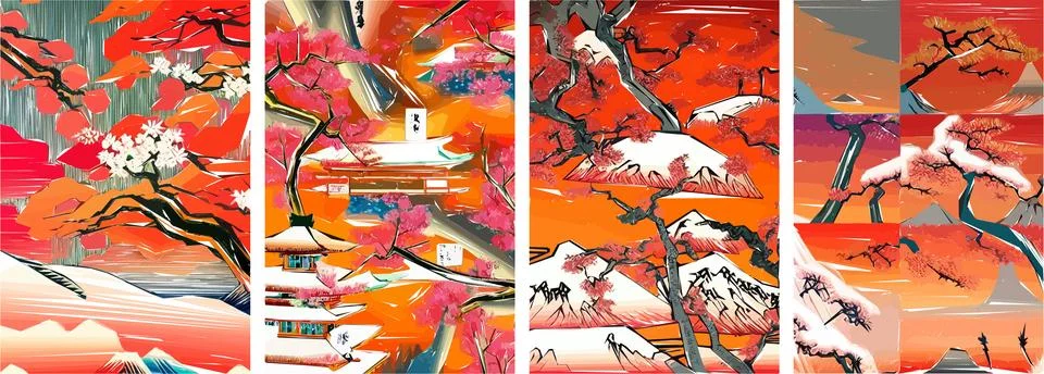 Set of four vector illustrations of traditional Japanese landscape, archite.. Stock-Illustration