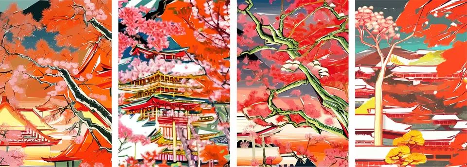 Set of four vector illustrations of traditional Japanese landscape, archite.. Stock Illustration