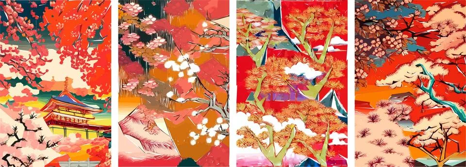 Set of four vector illustrations of traditional Japanese landscape, archite.. Stock Illustration