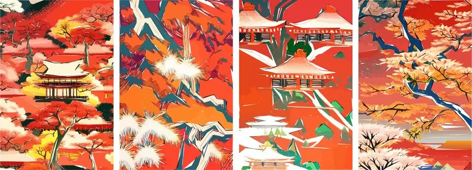 Set of four vector illustrations of traditional Japanese landscape, archite.. Stock Illustration