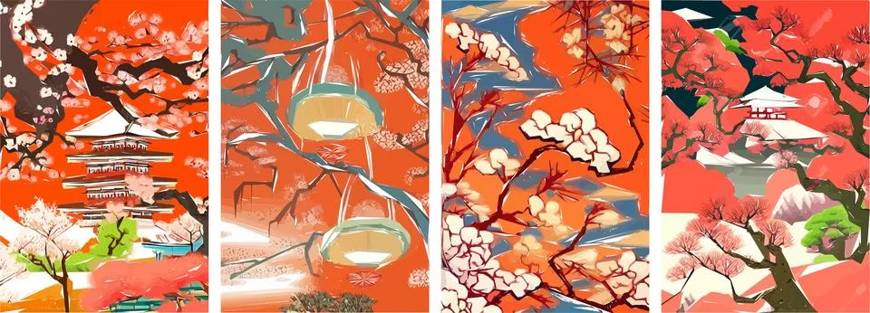 Set of four vector illustrations of traditional Japanese landscape, archite.. Stock Illustration