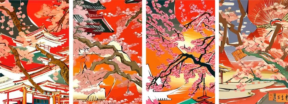 Set of four vector illustrations of traditional Japanese landscape, archite.. Stock Illustration