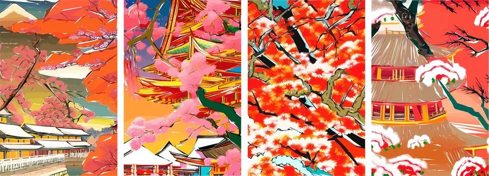 Set of four vector illustrations of traditional Japanese landscape, archite.. Stock Illustration