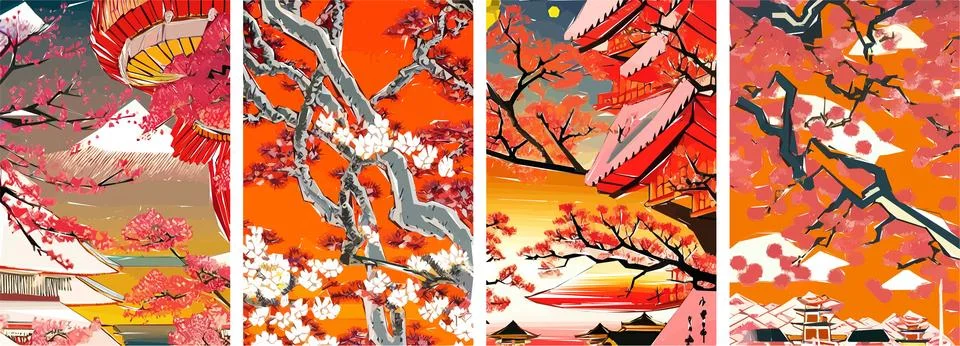 Set of four vector illustrations of traditional Japanese landscape, archite.. Stock Illustration