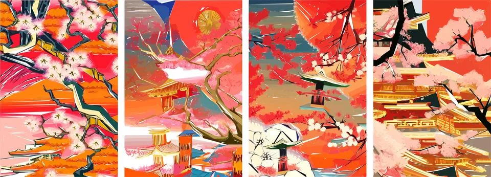 Set of four vector illustrations of traditional Japanese landscape, archite.. Stock Illustration