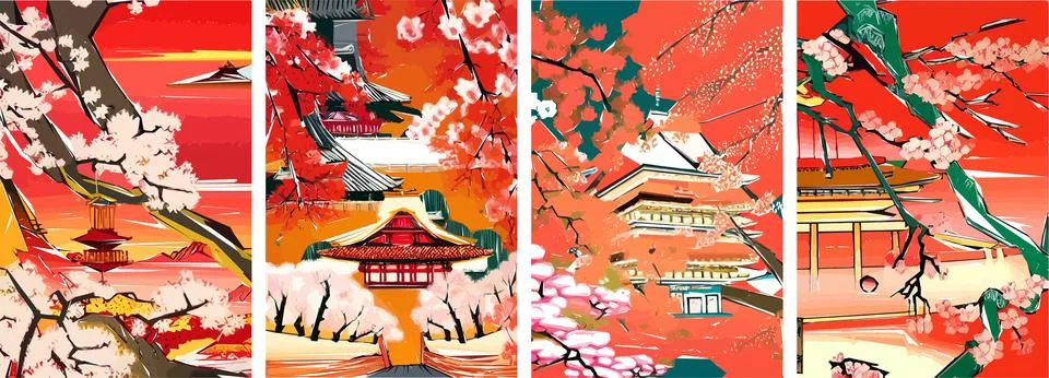 Set of four vector illustrations of traditional Japanese landscape, archite.. Illustrazione stock