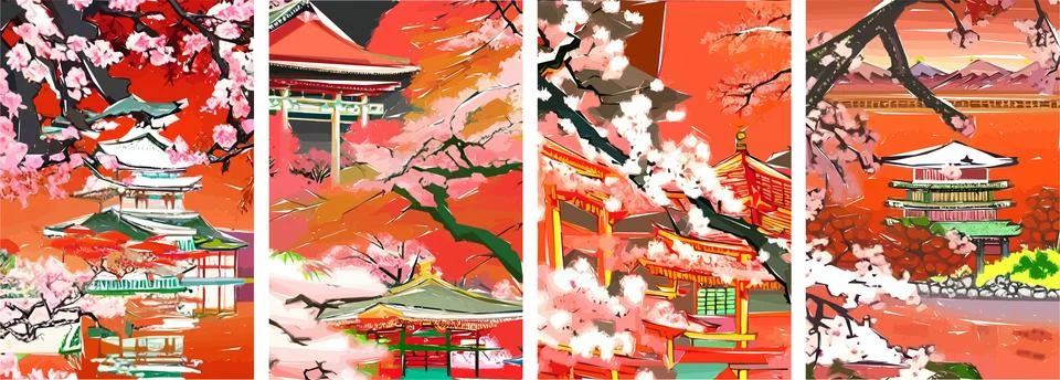 Set of four vector illustrations of traditional Japanese landscape, archite.. Stock Illustration