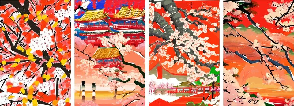 Set of four vector illustrations of traditional Japanese landscape, archite.. Stock Illustration