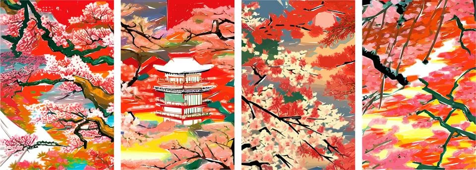 Set of four vector illustrations of traditional Japanese landscape, archite.. Stock Illustration
