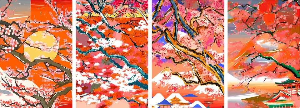 Set of four vector illustrations of traditional Japanese landscape, archite.. Stock Illustration