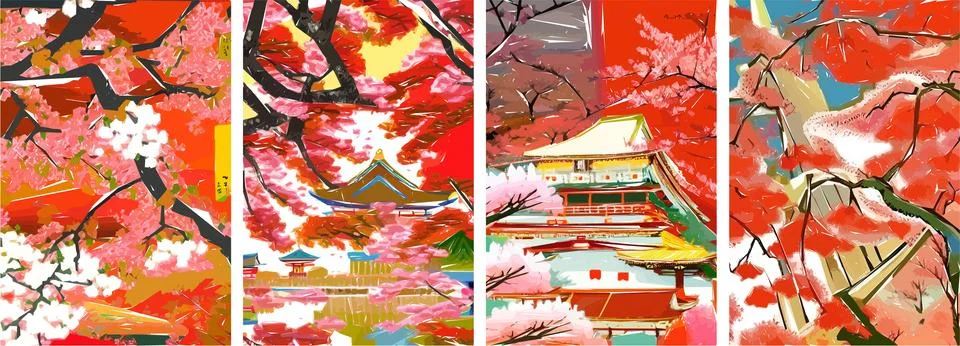 Set of four vector illustrations of traditional Japanese landscape, archite.. Stock Illustration