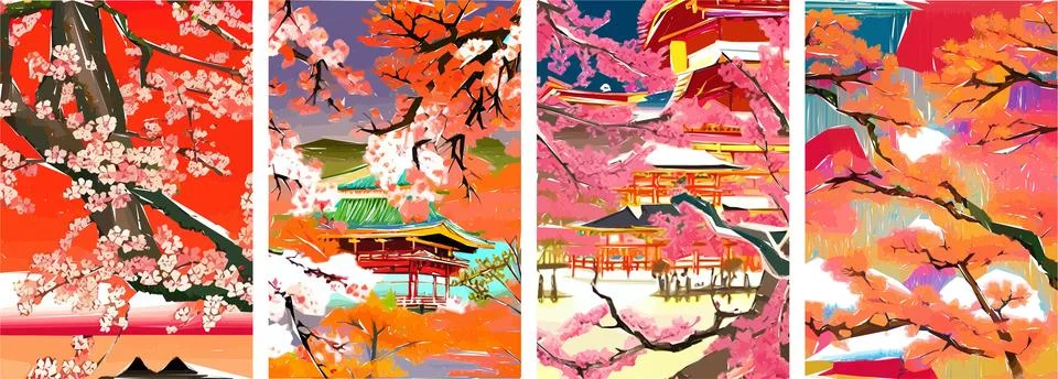 Set of four vector illustrations of traditional Japanese landscape, archite.. Stock Illustration