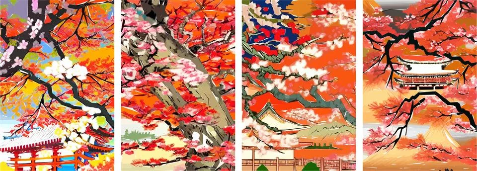 Set of four vector illustrations of traditional Japanese landscape, archite.. Stock Illustration