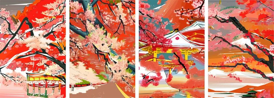 Set of four vector illustrations of traditional Japanese landscape, archite.. Stock Illustration