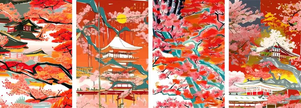 Set of four vector illustrations of traditional Japanese landscape, archite.. Stock Illustration