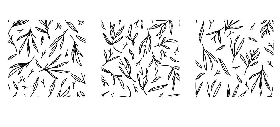 Set of four vector patterns of leaves and twigs on a white background. prin.. Illustrazione stock