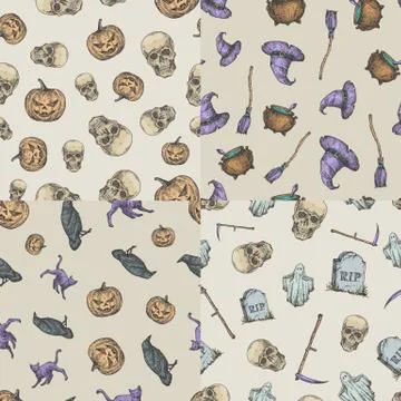 Set of Four Vector Seamless Background Patterns. Hand Drawn Sculls, Pumpkins Illustrazione stock