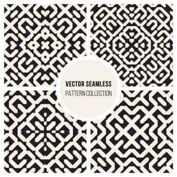 Set of Four Vector Seamless Black And White Ethnic Geometric Blocks Pattern Stock Illustration