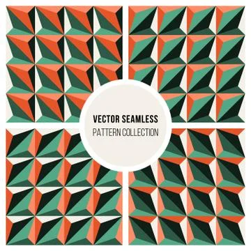 Set of Four Vector Seamless Geometric Triangle Patterns in Green and Orange 스톡 일러스트