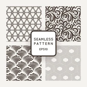 Set of four vector seamless patterns with plants and geometric figures Stock Illustration