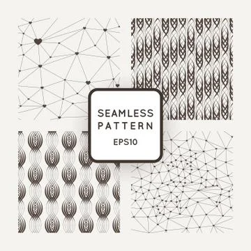 A set of four vector seamless patterns. Polygons. Grid. Wavy lines. Interlaci Illustrazione stock