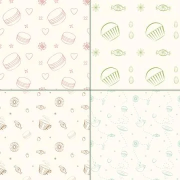 Set of four vector seamless patterns with desserts and sweets Illustrazione stock