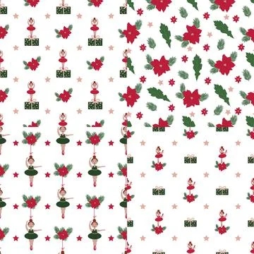 A set of four vector seamless patterns depicting a Christmas ballerina, gifts Stock Illustration