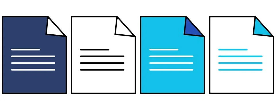 Set of four vertical document icons with folded corners and text lines Stock Illustration