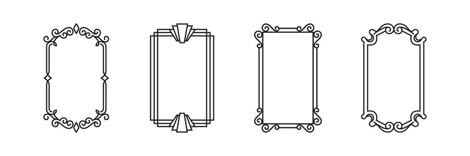 Set of four vintage decorative frames with elegant scrollwork and art deco lines Stock Illustration